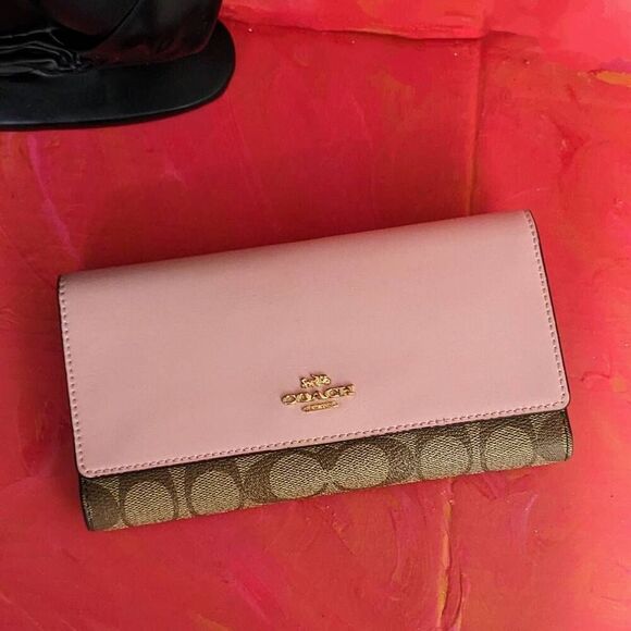 Coach Handbags - Coach Signature C Slim Trifold Canvas Coated Pink Wallet